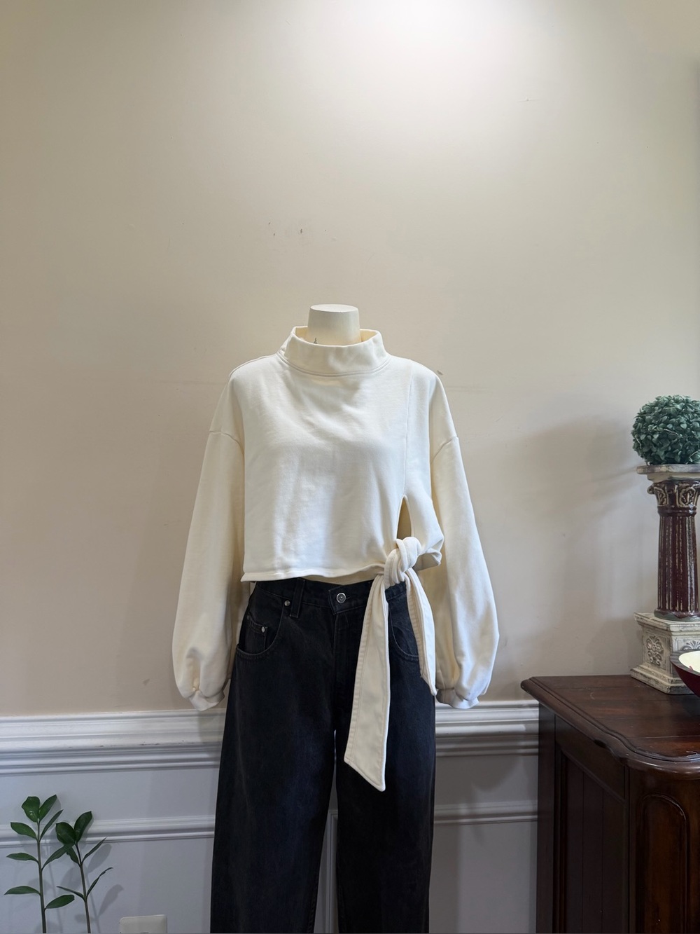 Nap Take A Nap Cropped Tie-Waist Mock Neck Sweatshirt - Cream